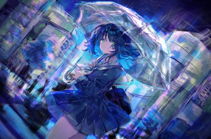 Girl in school uniform holding an umbrella in the rain