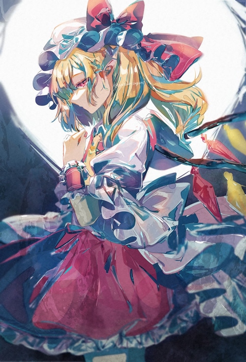 Touhou anime girl with blonde hair and red eyes