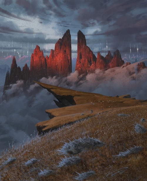 Digital art landscape of rocky mountains at sunset