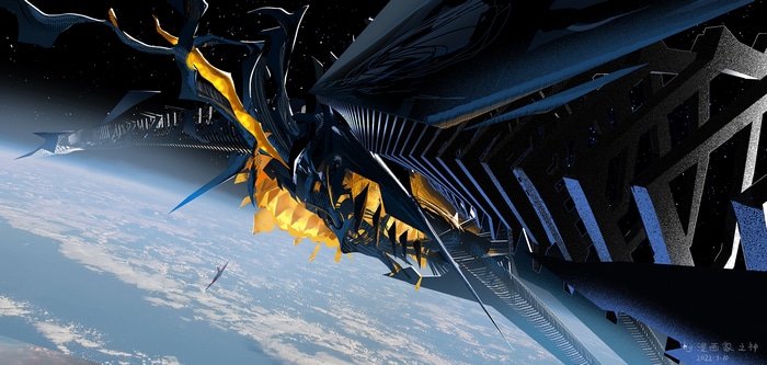 Kaiju and Ultraman spaceship above Earth