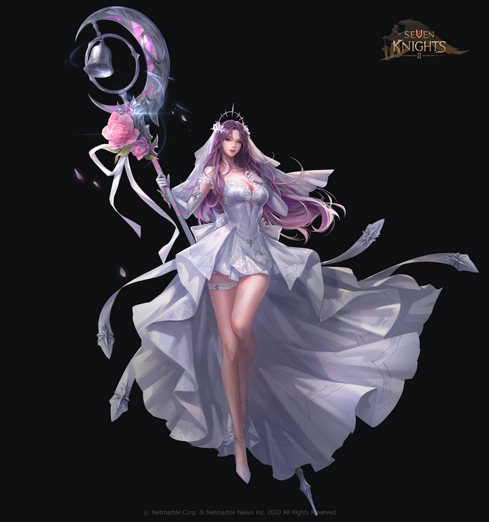 Shumolly in a white wedding dress with a staff