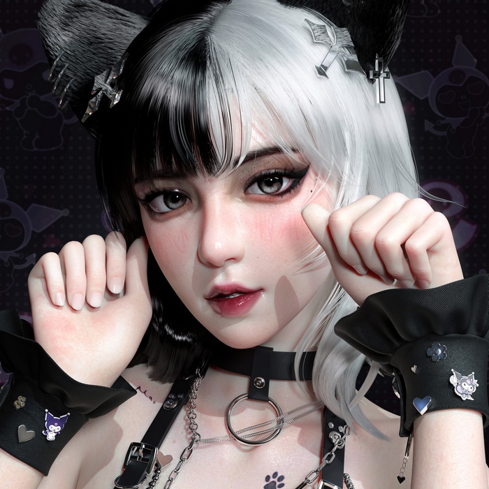 Woman with two-tone hair and cat ears