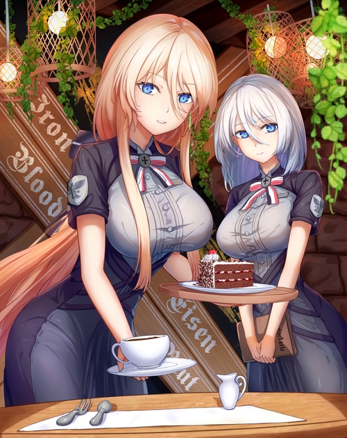 Azur Lane's Tirpitz and Bismarck serving cake and coffee