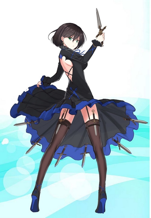 Elizabeth Pendragon with daggers in a black and blue dress