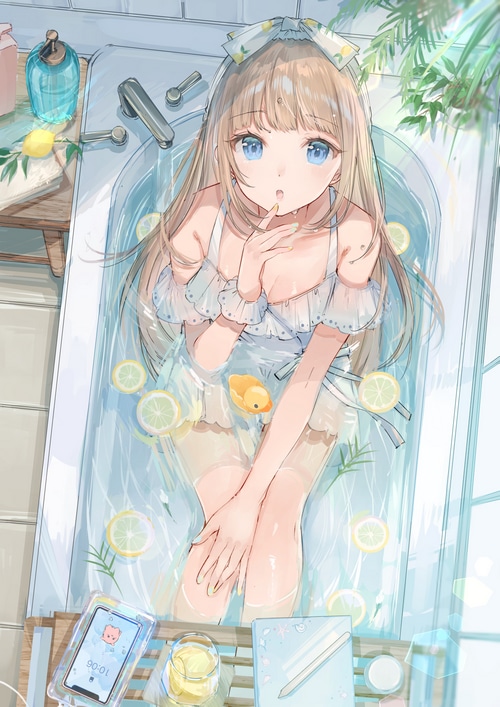 Anime girl in a bathtub with lemons