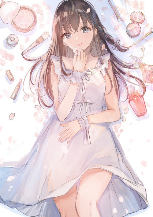 Anime girl in white dress with makeup and flowers