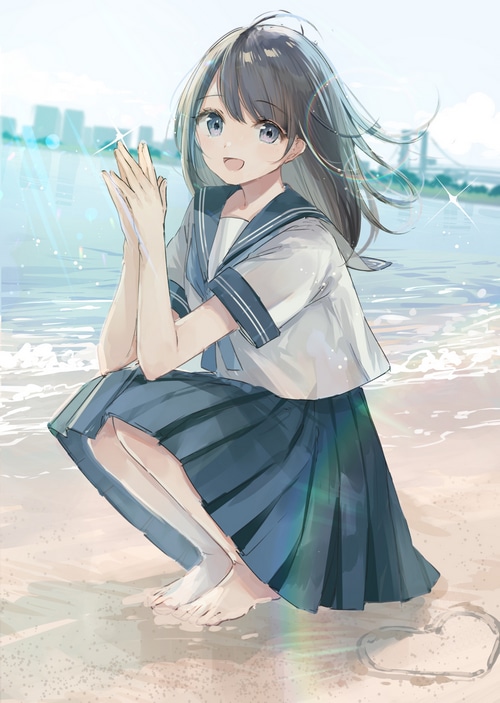 Schoolgirl in uniform at the beach