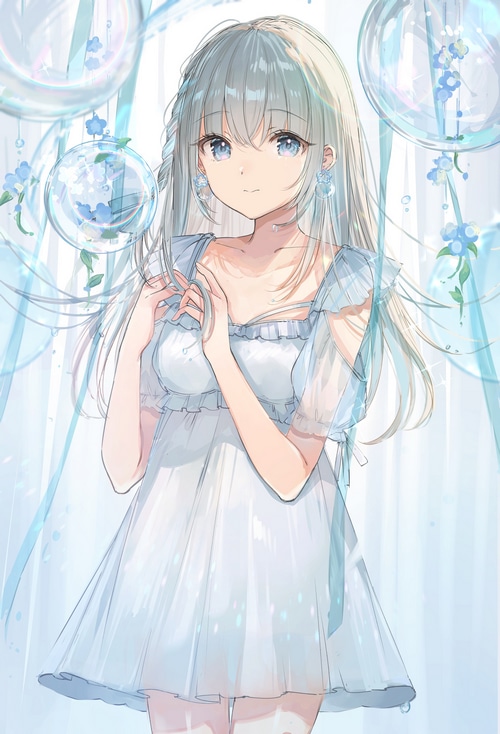 Anime girl in a white dress with bubbles