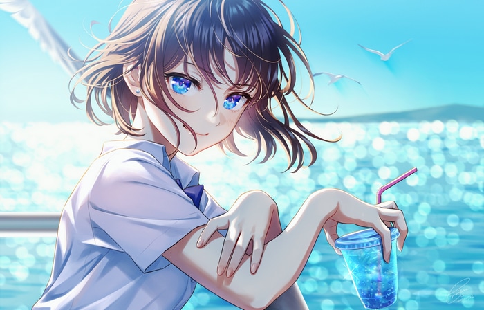 Girl with blue eyes and short hair holding a drink