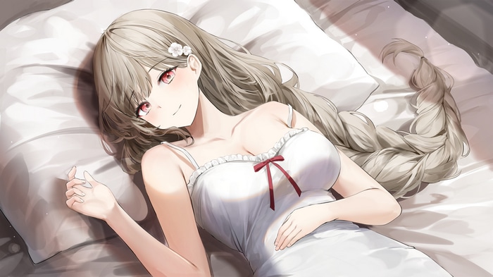 4K anime girl with flower in hair in bed