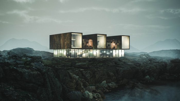 Modern house on rocky coast with mountains