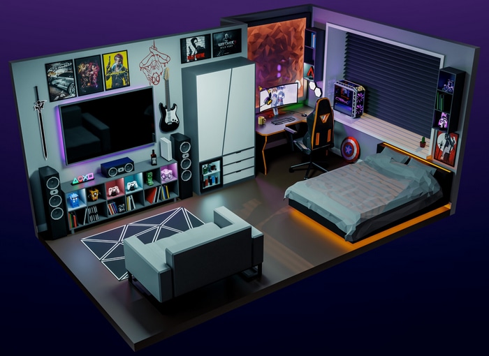 Gamer Bedroom with Bed, Desk, and Entertainment Center