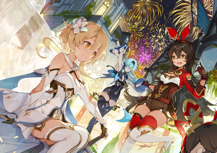Genshin Impact characters Lumine, Eula, and Amber with fireworks