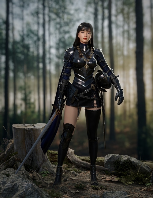 Fantasy Knight Woman with Sword in Forest