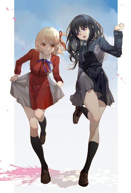 Lycoris Recoil, two women, fan art, Inoue Takina, blonde, Nishikigi ...