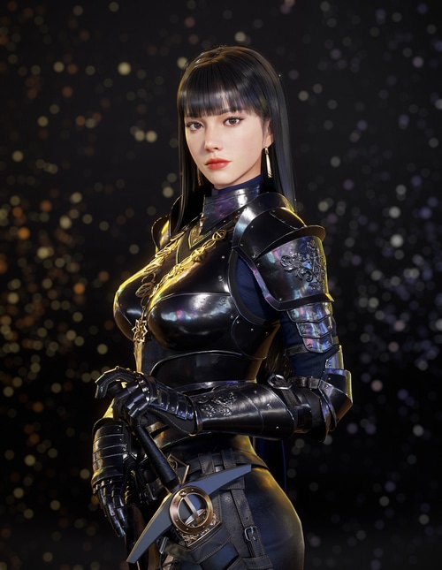 Fantasy girl in black armor holding a sword