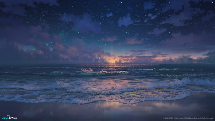 Blue Archive: Ocean Sunset with Stars