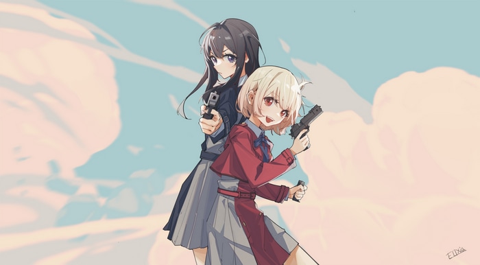 Lycoris Recoil's Chisato and Takina with guns