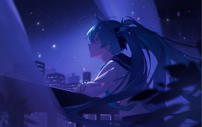 Hatsune Miku looking at the starry night sky over a city