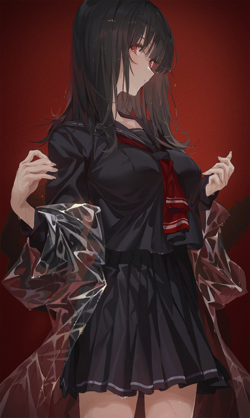Artwork of Hong in a school uniform with red eyes