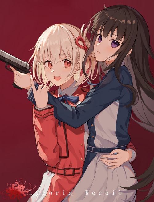 Lycoris Recoil: Nishikigi Chisato and Inoue Takina with a gun