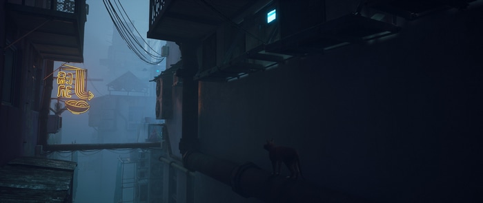 Cat in a neon-lit alleyway in Stray