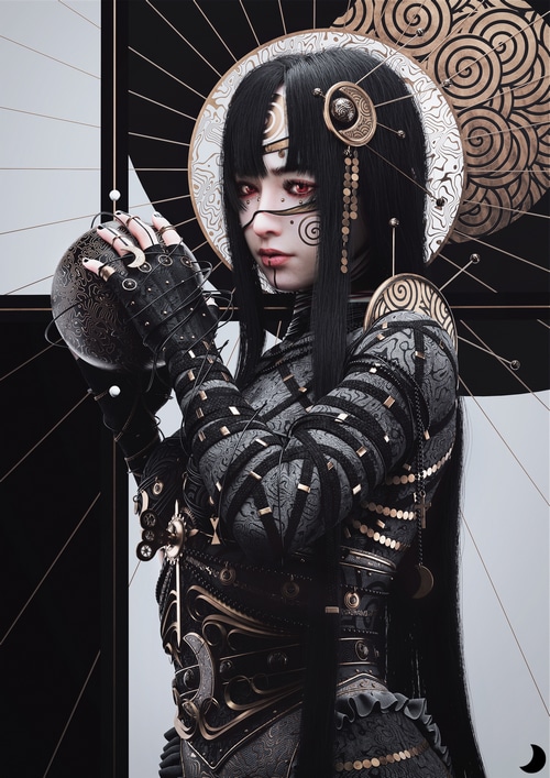 Fantasy girl with red eyes holding a sphere