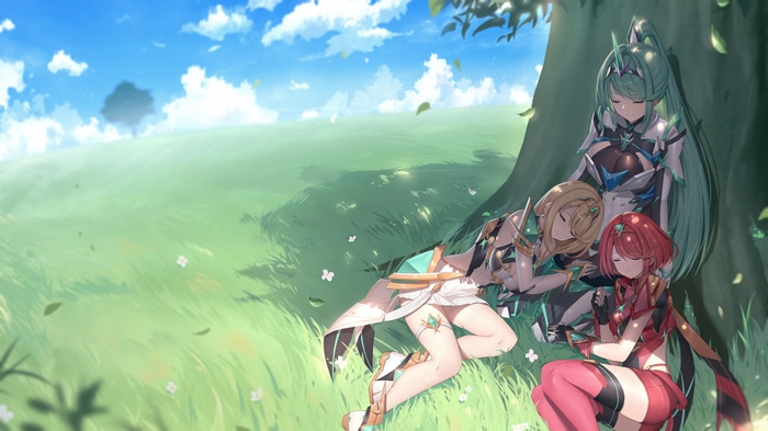 Xenoblade Chronicles 2 characters sleeping under a tree