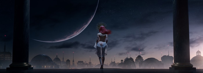 Fantasy girl with pink hair in a futuristic city