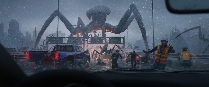 Giant alien creatures attack a city during a rainstorm