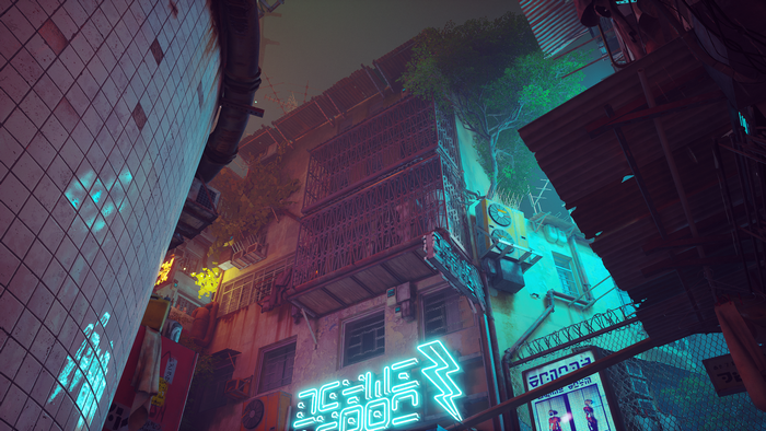 Stray video game screenshot of a cyberpunk alley