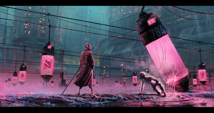 Cyberpunk scene with figures in glowing pods