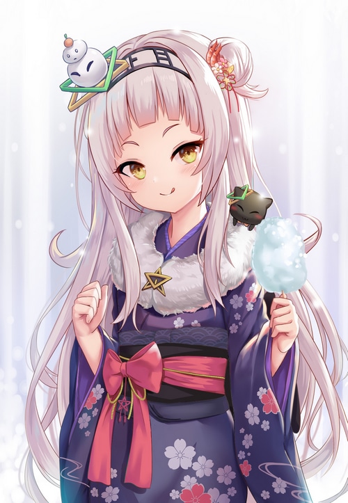 Girl in Japanese Kimono Holding Cotton Candy