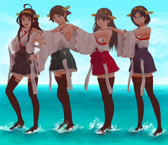 Kantai Collection characters walking in the ocean