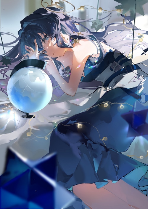 Astesia from Arknights with a globe
