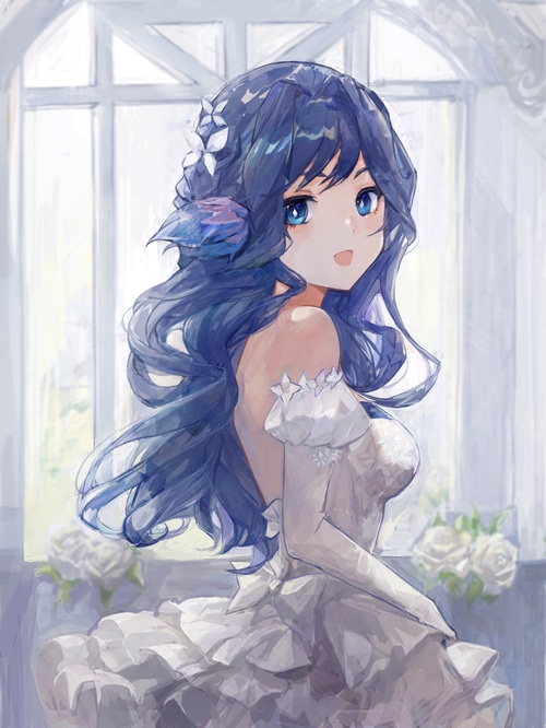 Astesia in a white wedding dress with blue hair