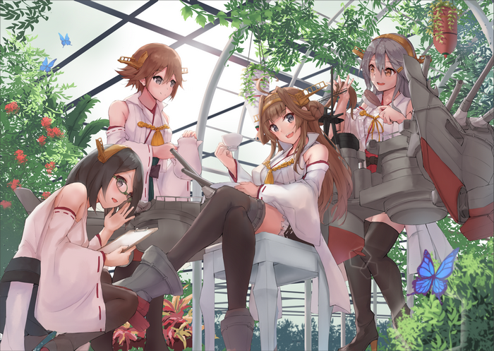 Kantai Collection characters Haruna, Kongou, Kirishima, and Hiei in a greenhouse