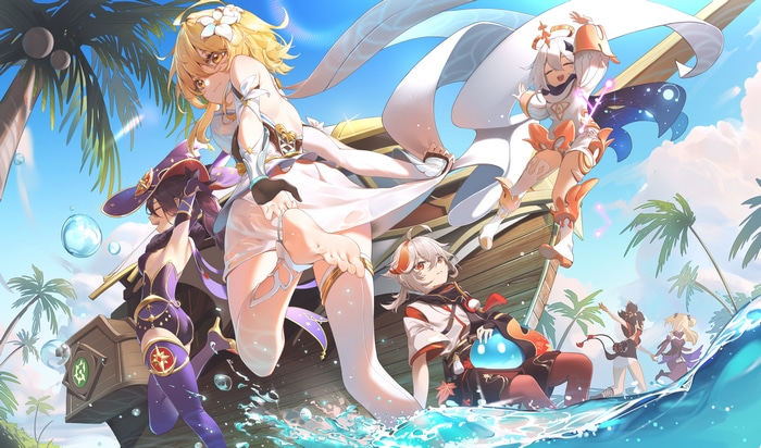 Genshin Impact: Lumine, Mona, Kazuha, Paimon, Xinyan, Fischl on a beach