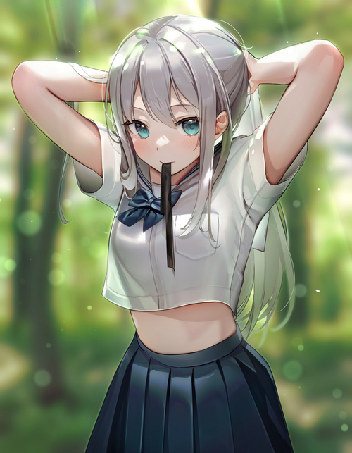 Anime girl in school uniform holding hair