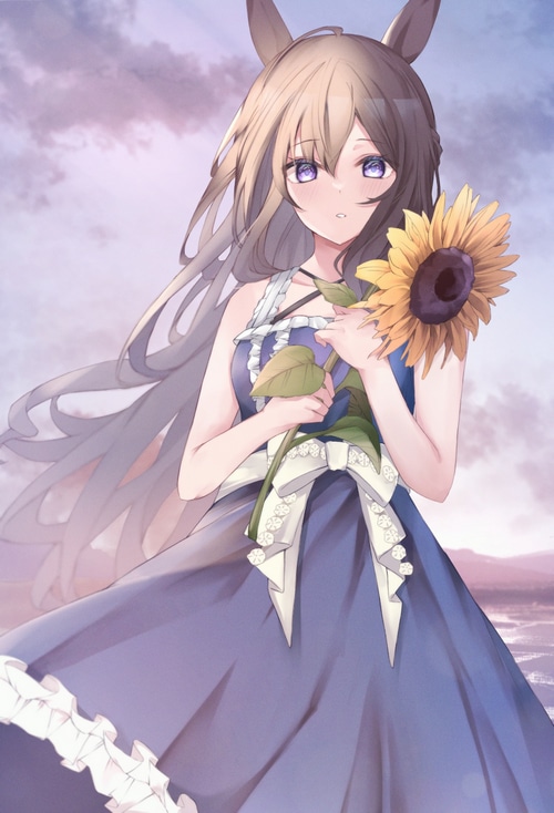 Mejiro Dober holding a sunflower