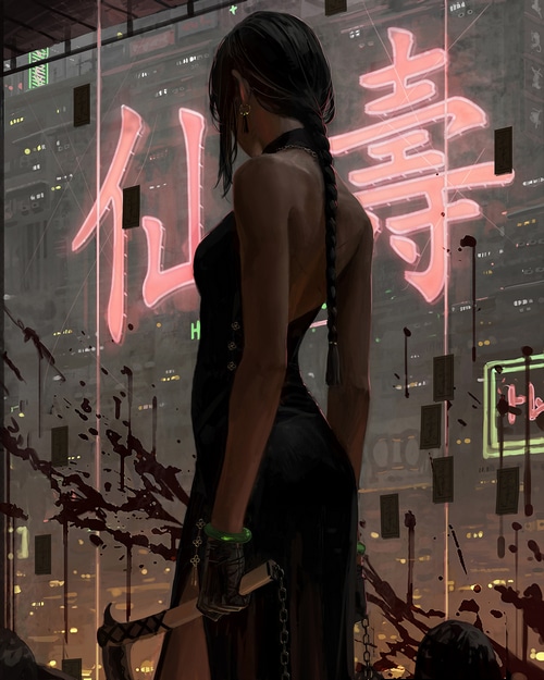 Woman in black dress with weapon in front of neon sign