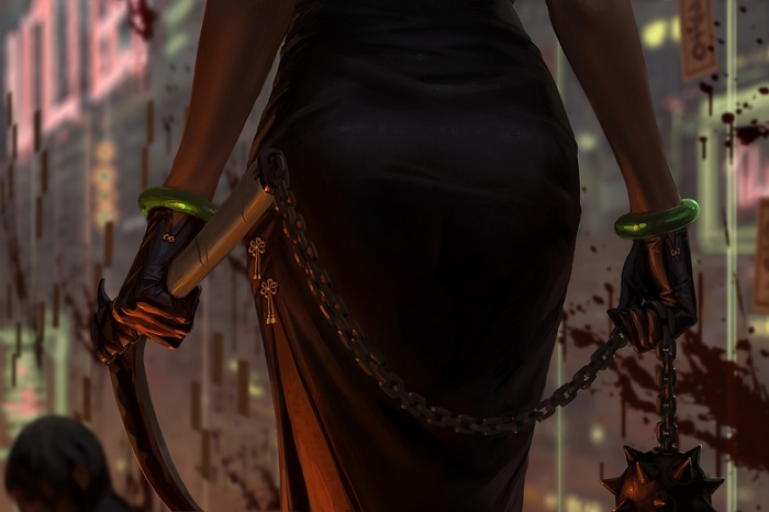 Fictional character with weapons and blood