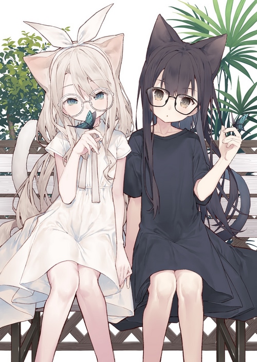 Two cat girls with glasses and butterflies