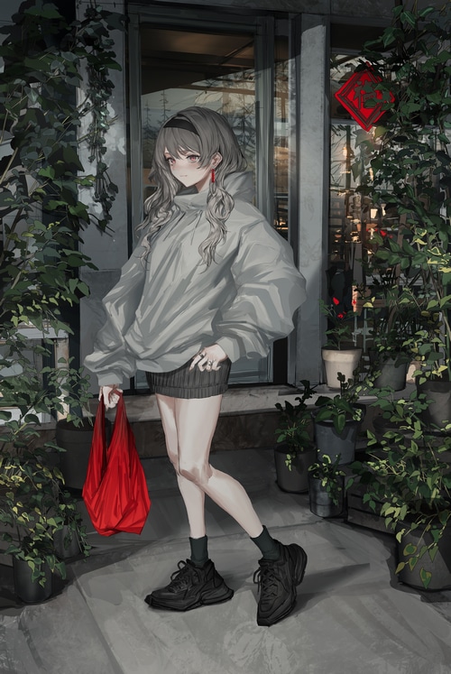 Anime girl with gray hair and red eyes holding a red bag