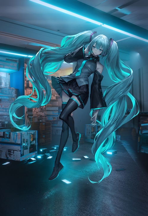 Hatsune Miku in a futuristic neon-lit environment