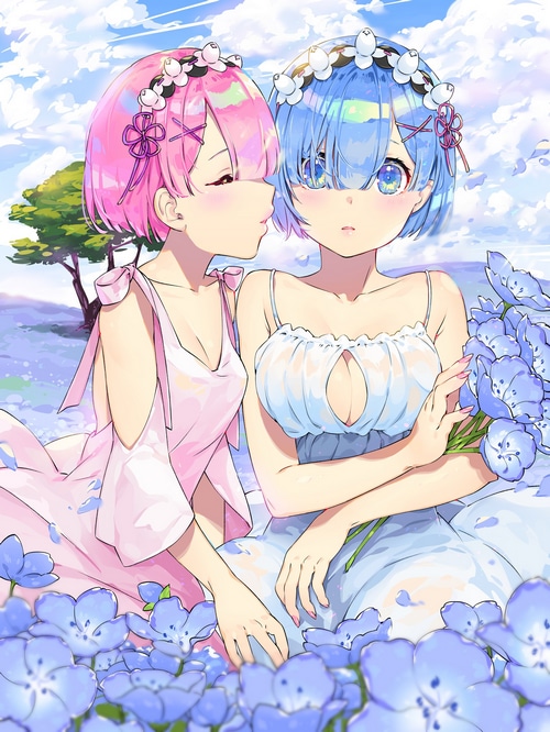 Ram and Rem from Re:Zero in a flower field