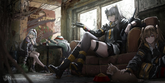 Girls Frontline characters in a ruined building with cats