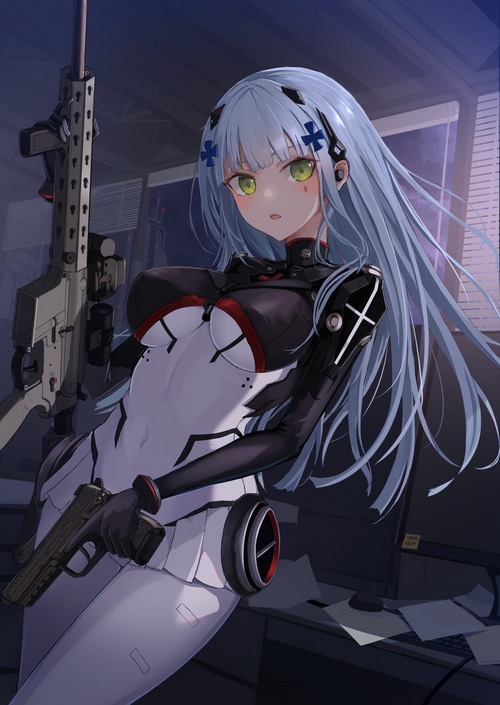 HK416 from Girls Frontline holding a pistol