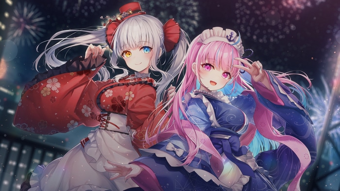 Aqua and girl in kimono with fireworks