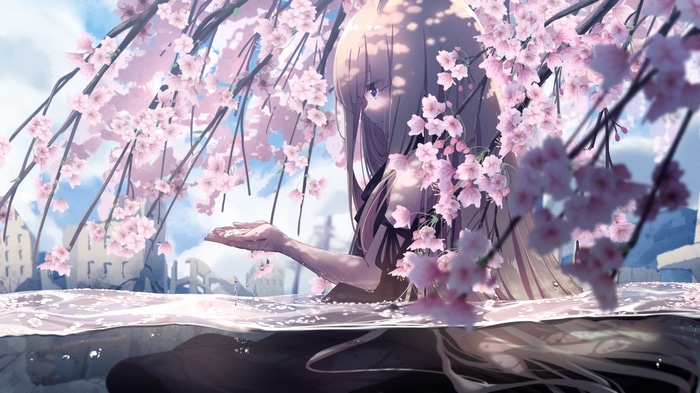 Anime girl in water with cherry blossoms